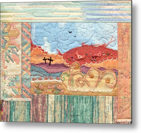 Hand Applique Metal Print featuring the tapestry - textile New Mexican Lanscape by Mtnwoman Silver