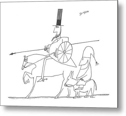 115514 Sst Saul Steinberg (abraham Lincoln And Santa Claus Portraying Don Quixote And His Sidekick.) Abraham Claus Don Donkey Duo Explorer Explorers Fable Fables ?ction ?ctitious ?ght ?ghter ?ghting Folk Folklore Horse Horseback Joust Knight Lance Lincoln Mule Partners Portraying Quixote Riders Riding Santa Sidekick Spanish Stories Story Tale Tales Metal Print featuring the drawing New Yorker December 12th, 1959 by Saul Steinberg