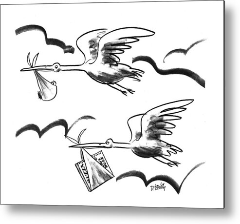(two Storks Flying Metal Print featuring the drawing New Yorker February 15th, 1993 by Donald Reilly