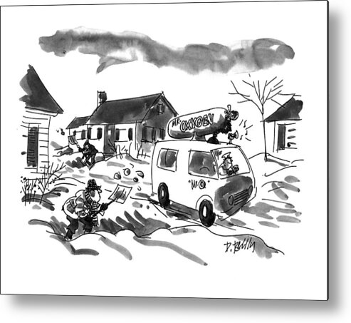 (a Man Is Selling Oxygen In An Ice Cream Truck To A Town That Is Snowed In.)
No Caption
Middle-aged Men Strenuously Shovel Snow Along Suburban Street Metal Print featuring the drawing New Yorker January 31st, 1994 by Donald Reilly