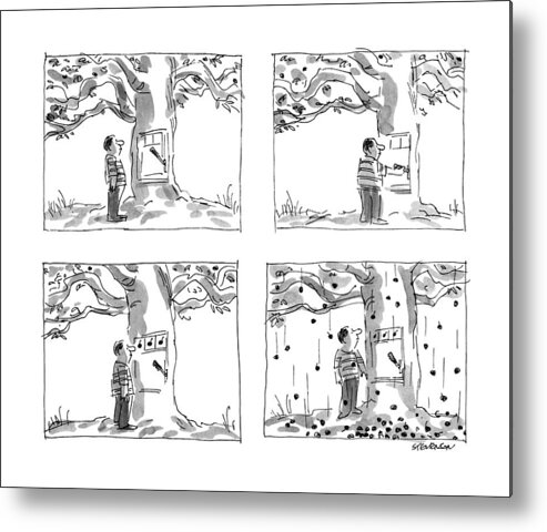 No Caption
Series Of Four. Man Approaches Slot Machine Built Into A Cherry Tree. He Pulls The Lever Metal Print featuring the drawing New Yorker July 22nd, 1991 by James Stevenson