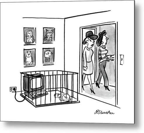No Caption
A Baby Is In A Playpen With A Personal Computer. 
No Caption
A Baby Is In A Playpen With A Personal Computer. 
Technology Metal Print featuring the drawing New Yorker July 4th, 1988 by Boris Drucker