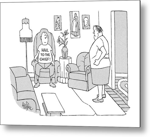 No Caption
Man Sits Expressionless As His Wife Enters Room Belligerently Metal Print featuring the drawing New Yorker March 10th, 1986 by George Price