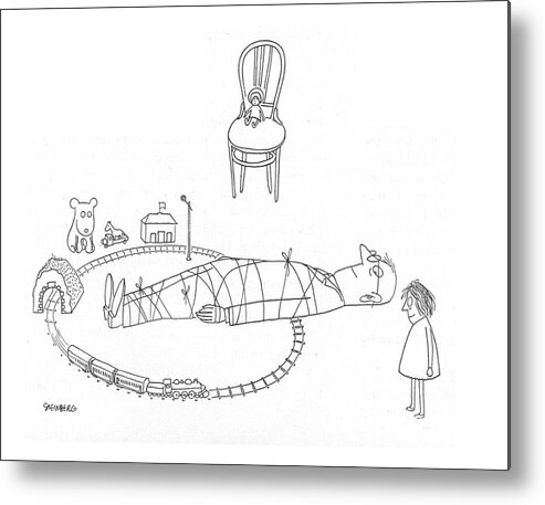 Saul Steinberg 113332 Steinbergattny   Little Girl Has Tied Her Father To Railroad Tracks Of Toy Train Set. Child Childhood Children Dad Dads Daughter Daughters Families Family Father Fathers Girl Kid Kids Little Parenting Parents Play Playing Railroad Rearing Rope Set Son Sons Tied Toy Toys Track Tracks Train Trains Metal Print featuring the drawing New Yorker May 6th, 1944 by Saul Steinberg