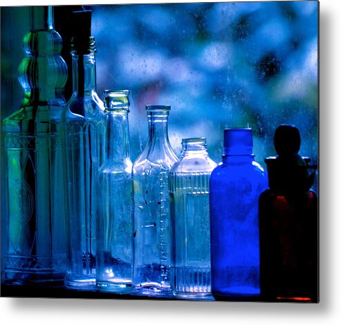 Hawaii Metal Print featuring the photograph Old Blue Glass Bottles in the Window... by Lehua Pekelo-Stearns