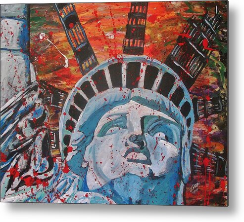 Statue Liberty America United States 911 World Trade Center Metal Print featuring the painting One September Mourning by Jeremy Moore