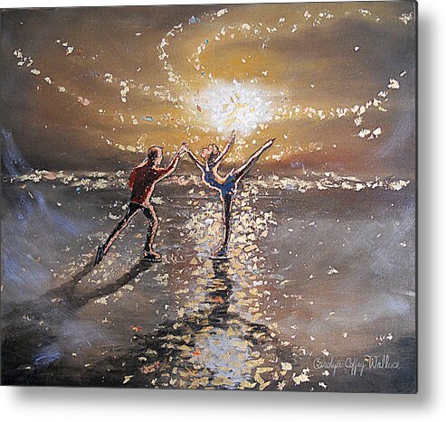 Gold Metal Print featuring the painting Passion to Perform Ice Skaters Golden Moment by Carolyn Coffey Wallace