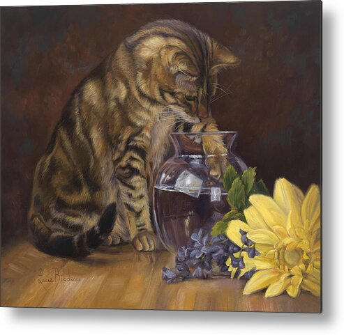 Cat Metal Print featuring the painting Paw in the Vase by Lucie Bilodeau