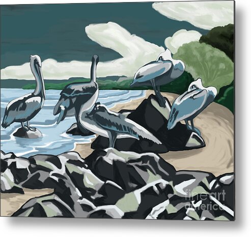 Pelicans Metal Print featuring the painting Pelicans and Friends at Seashore by Tim Gilliland