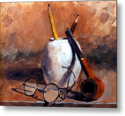 Still Life Metal Print featuring the painting Pencils and Pipe by Jim Gola