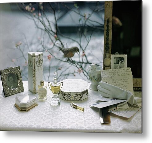 Nobody Metal Print featuring the photograph Perfume And Accessories On A Vanity Table by Frances McLaughlin-Gill