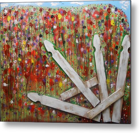 Abstract Metal Print featuring the painting Picket Fence Flower Garden by GH FiLben
