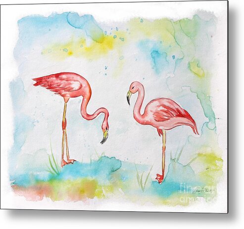 Watercolor Painting Metal Print featuring the painting Pink Flamingo-A by Jean Plout