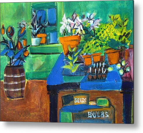 Plants In Green Room Metal Print featuring the painting Plants in Potting Shed by Betty Pieper