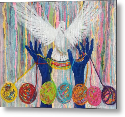 Prophetic Metal Print featuring the painting Prophetic Message Sketch 20 WHAT WOMAN WILL RISE UP  Yarn Hands Woven nest or bridge for Dove by Anne Cameron Cutri