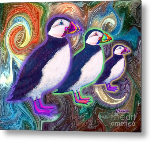 Puffins Metal Print featuring the mixed media Purple Puffins by Teresa Ascone