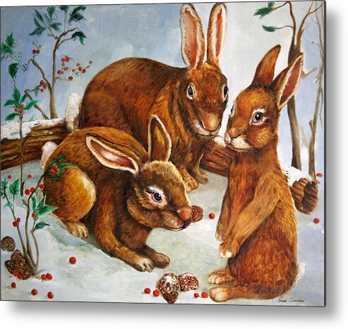 Wildlife Metal Print featuring the painting Rabbits in Snow by Portraits By NC