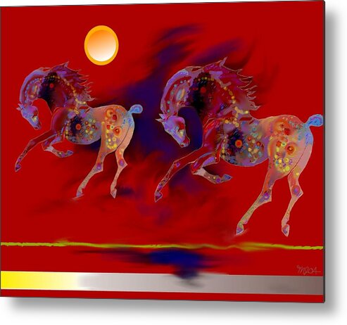 Digital Art Metal Print featuring the digital art Red Abstract Horses by Mary Armstrong