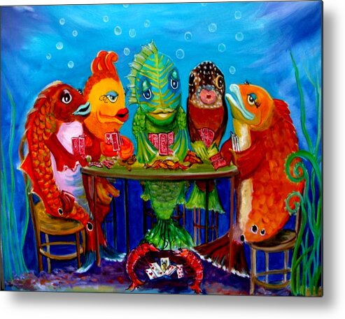 Fish Playing Poker Metal Print featuring the painting Redfish Poker II by Linda Kegley