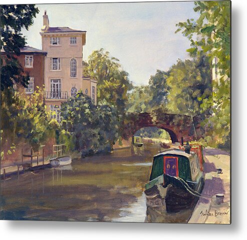 Urban Landscape; Barge; Moored; Bridge; Town House; Architecture; Summer Metal Print featuring the painting Regent s Park Canal by Julian Barrow