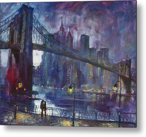 Brooklyn Bridge Metal Poster featuring the painting Romance by East River NYC by Ylli Haruni