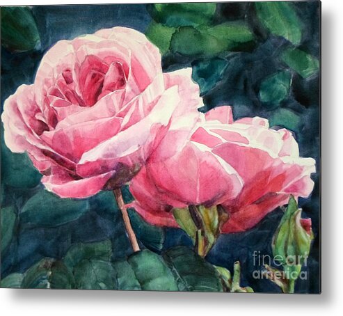 Watercolor Metal Print featuring the painting Watercolor of Two Luscious Pink Roses by Greta Corens