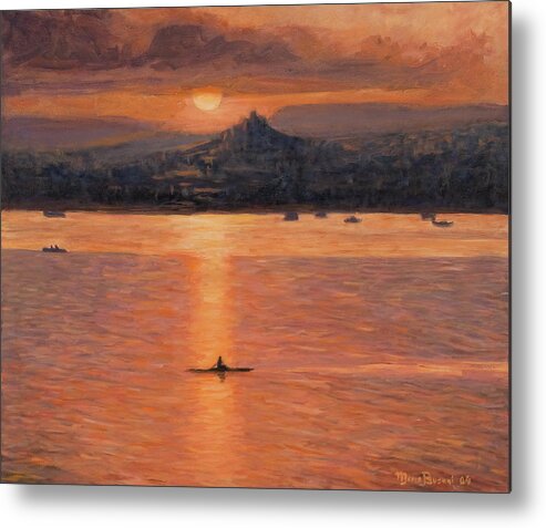 Row Kayak Sunset Metal Print featuring the painting Rowing In The Sunset by Marco Busoni
