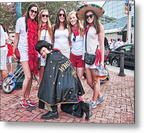 Women Metal Print featuring the photograph Runners and Elvis Who Dat at Running of the Bulls New Orleans by Kathleen K Parker