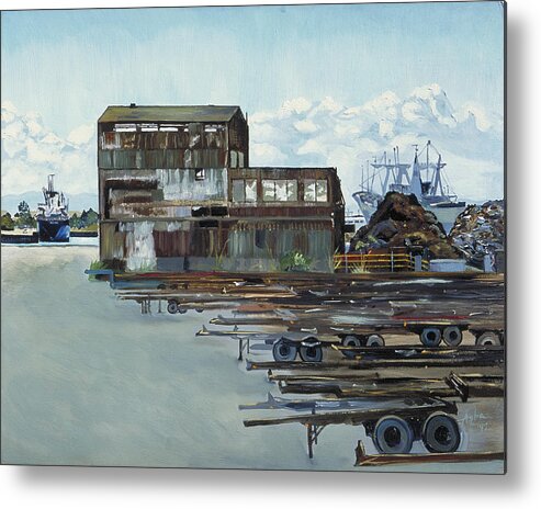 Industrial Painting; Urban Scene Painting Metal Print featuring the painting Rustic Schnitzer Steel Building with Trailers at the Port of Oakland by Asha Carolyn Young