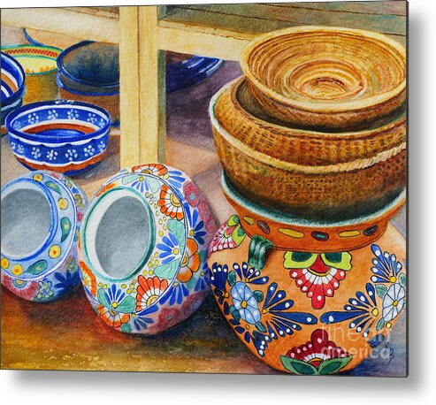Pots Metal Print featuring the painting Southwestern Pots and Baskets by Karen Fleschler