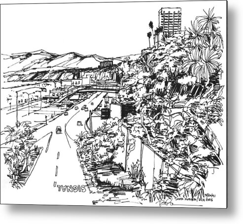 Santa Monica California - Pacific Coast Highway Heading North Begins Here - Metal Print featuring the drawing Santa Monica CA - Pacific Coast Highway starts here by Robert Birkenes