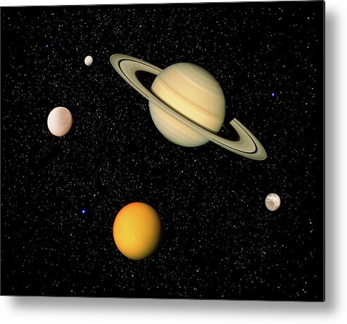 Saturn Metal Print featuring the photograph Saturn And Some Of Its Moons by Science Photo Library