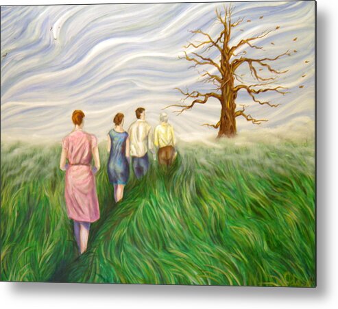 Sky Ground Grasses Tree Clouds People Green Blue White Light Shadow Brown Yellow Orange Pink Purple Female Male Women Men Dresses Shirts Pants Branches Leaves Movement Wind Mist Metal Print featuring the painting Search by Ida Eriksen