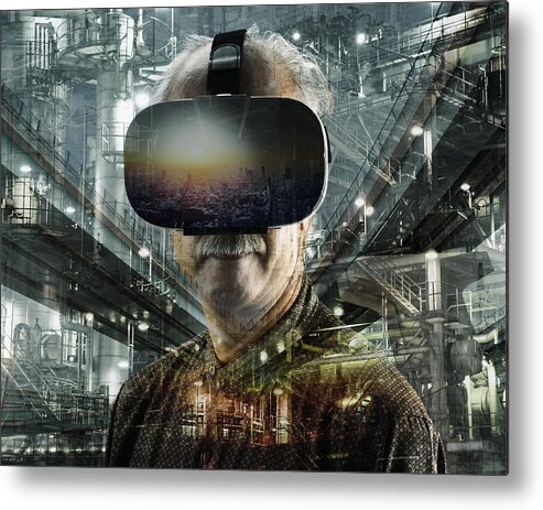 People Metal Print featuring the photograph Senior man using a virtual reality headset. by Yagi Studio