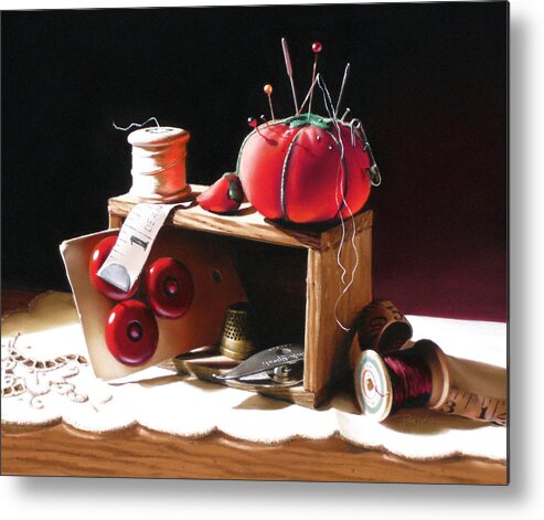 Sewing Metal Print featuring the painting Sewing Box in Reds by Dianna Ponting