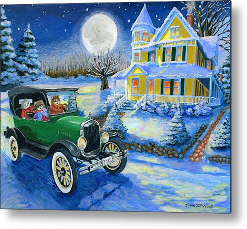 Car Model T Ford Vehicle Car Victorian House Cats Feline Kitten Winter Snow Moon Trees Whimsical Stars Night Cold Landscape Metal Print featuring the painting Sister's Winter Jaunt by Jacquelin L Westerman