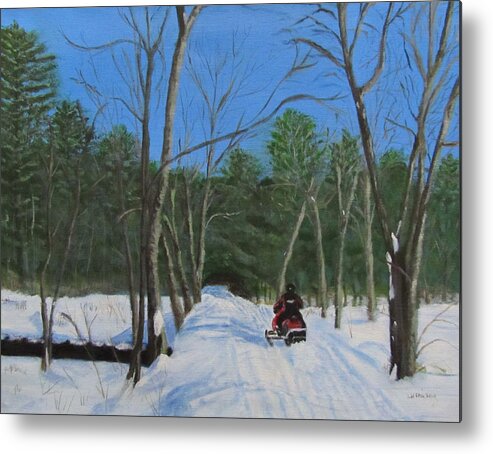 Landscape Metal Print featuring the painting Snowmobile on Trail by Linda Feinberg