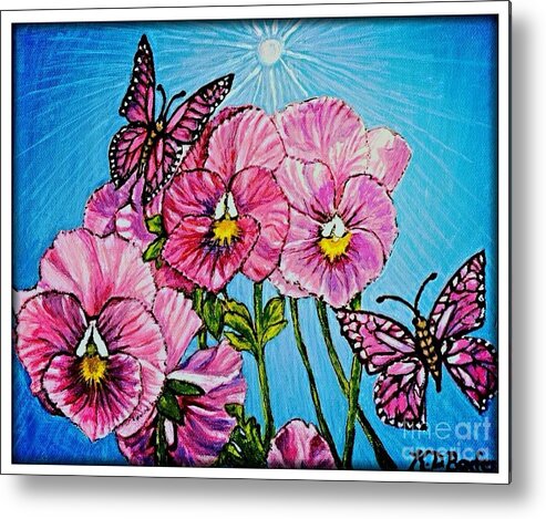 Pink And Purple Pansies With Golden Centers And Stems Pink And Purple Magical Looking Butterflies Flying The Flowers Bright Blue Backgorund Light Source Above Shining Down Flower Paintings Pansies With Butterflies Paintings Spring Flowers Paintings Acrylic Paintings With Classic Border Metal Print featuring the painting Spring Beauties Pansy Pinwheels by Kimberlee Baxter