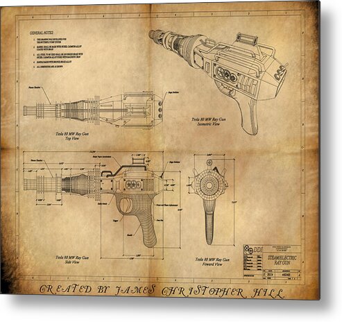 Steampunk; Gears; Housing; Cogs; Machinery; Lathe; Columns; Brass; Copper; Gold; Ratio; Rotation; Elegant; Forge; Industry; Plasma Metal Print featuring the painting Steampunk Raygun by James Christopher Hill