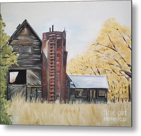 Summer Red Metal Print featuring the painting Golden Aged Barn -Washington - Red Silo by Jan Dappen