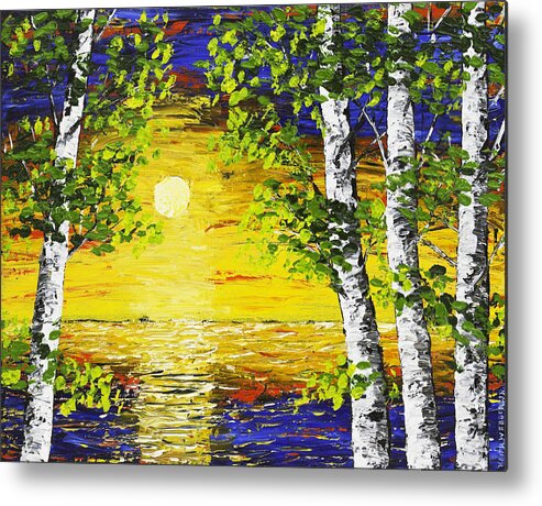 Birch Metal Print featuring the painting Sunset And Birch Trees Palette Knife Painting by Keith Webber Jr