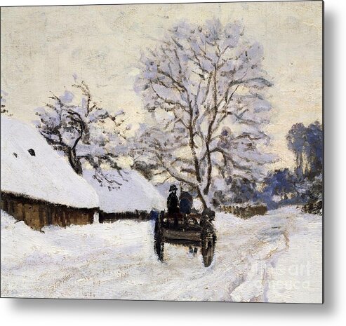 Claude Monet Metal Print featuring the painting Cart, road under snow in Honfleur by Claude Monet