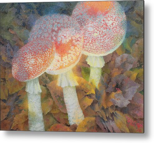 Fungus; Toadstool; Mushroom; Undergrowth; Leaves; Legend Metal Print featuring the painting The Green Man with Stinkhorns by Glyn Morgan