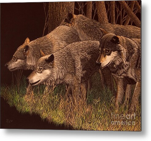 Wolves Metal Print featuring the painting The Hunt by Margaret Sarah Pardy