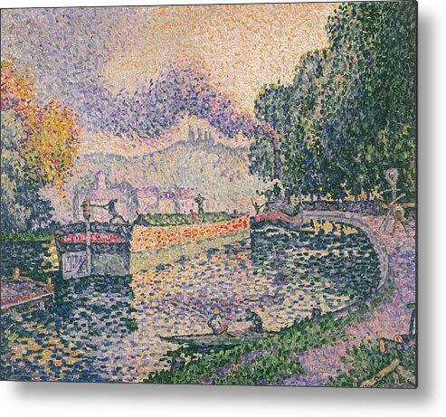 Paul Signac Metal Print featuring the painting The Tugboat Canal in Samois by Paul Signac