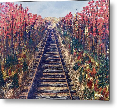 Railroad Tracks Metal Print featuring the painting Tracks Remembered by Cynthia Morgan