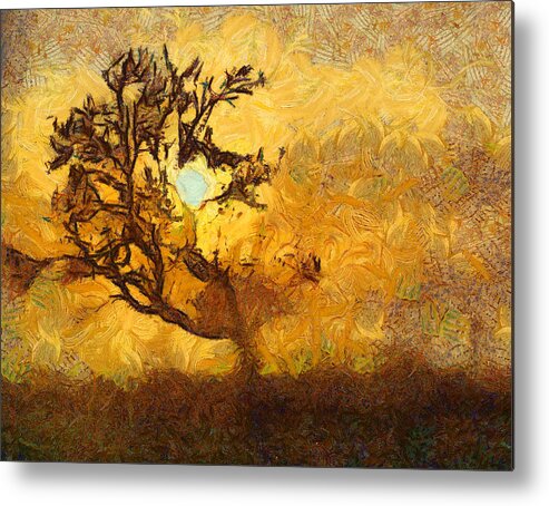 Tree Metal Print featuring the photograph Tree at sunset - digital painting in van gogh style with warm orange and brown colors by Matthias Hauser