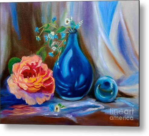 Floral Rose Print Metal Print featuring the painting Turquoise Vase by Jenny Lee