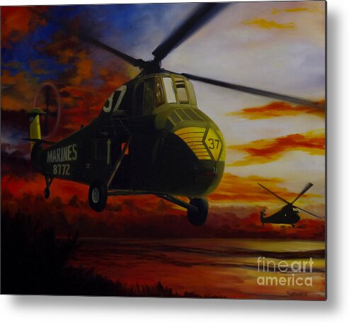 Uh-34d Metal Print featuring the painting UH-34D Over the Beach by Stephen Roberson
