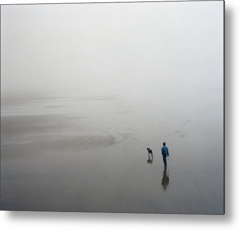Pets Metal Print featuring the photograph Walking On A Foggy Beach by Zeb Andrews